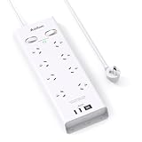 Surge Protector Power Board - 8 Widely Outlets(10A/2400W) with 4 USB Ports(2 USB C), Powerboard with 1.8M Extension Cord, 900J Surge Protection Double Switch Wall Mount for Home Office Accessories