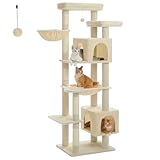 PAWZ Road 175cm Cat Tree for Large Cats, Multi-Level Cat Tower with Sisal Covered Scratching Post, 2 Spacious Cozy Condo House, 2 Large Hammock and Large Top Perch for Indoor Cats, Beige