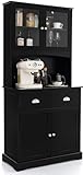 Giantex Kitchen Pantry Buffet Cabinet, Storage Organizer w/Tempered Glass Doors & Double Drawers, Cable Management Hole, Adjustable Shelves & Anti-toppling System, Cupboard Kitchen Dining Room (Black)