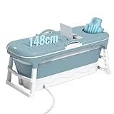 USOR 148cm Foldable Portable Bathtub Outdoor Family Soaking Tub for Adult Spa, Adult and Children Maintenance of Temperature Barrel with Cover Large Size Blue