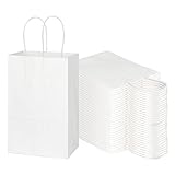 Toovip 100 Pack 5.25x3.25x8.25 Inch Small White Kraft Paper Bags with Handles Bulk, Gift Wrap Bags for Favor Grocery Retail Party Birthday Shopping Business Goody Craft Sacks Merchandise Take Out Cub