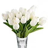 HoveBeaty Artificial Tulips Bridal Wedding Festival Decor Bouquet Real Touch PU Flower Bouquet Pack of 20 (White)