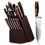 Kitchen Knife Set 15-Piece with Wooden Block. Ultra Sharp High Carbon German Stainless Steel Hammer Pattern Chef & Steak Knives. Full Tang Design with Forged Triple Rivet. Boxed Knife Set