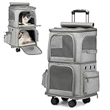 MOMOGEE Double-Compartment Pet Carrier Backpack with Wheels for Small Cats and Dogs Cat Rolling Carrier for 2 Cats Pet Travel Bag Portable Large Cat Carrier Bag for Travel (Grey)