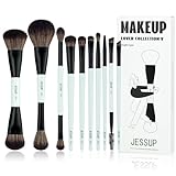 Jessup Makeup Brushes Set 10pcs, Double Sided Foundation Contour Blush Highlight Blending Eyebrow Brush Eyeshadow Eyeliner Concealer Brush, Bright Cyan Cruelty Free Cosmetic Tools T500