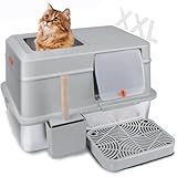 ESCRODOI Enclosed Stainless Steel Litter Box, 30L Large Litter Boxes with Litter Scoop & Footboard, High-Sided Cat Litter Tray with Lid, Non-Stick, Odor-Resistant, Easy Clean, Grey, 60×40.5×38cm