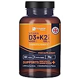 Vitamin D3 4000IU & K2 MK7 100µg Vegetarian Tablets I 180 (6 Months Supply) I Easy to Swallow Supplement for Immune Support, Calcium Boost, Bone & Muscle I Made in The UK by Prowise Healthcare