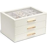 Vlando Jewelry Box for Women, Glass Lid Jewelry Organizer with 3 Drawers for Necklaces Rings Earrings Bracelets - White