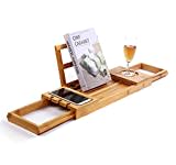 Utoplike Unique Bamboo Bathtub Tray Wooden Bath Caddy Tray with Extending ArmsSpa Relaxing Bath Organizer Tray Holds Books/Tablets/Cell Phone/Towels/Foods