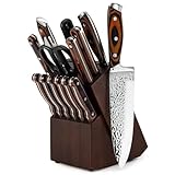 Knife Set,15 Pieces Kitchen Knife Set with Wooden Block,High Carbon Japanese Stainless Steel Knife Block Set,Ultra Sharp, Full-Tang Design,Irregular Hammer Pattern（Wood Holder）