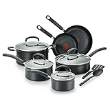 T-fal Advanced Nonstick Cookware Set 12 Piece, Oven Broiler Safe 350F, Kitchen Cooking Set W/Fry Pans, Saucepans, Deep Saute, Dutch Oven & Kitchen Utensils, Pots and Pans, Dishwasher Safe, Black