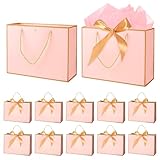 OundarM 12 Pack 32 x 25 x 11CM Large Pink Gold Bow Gift Bags with Handles with Tissue Papers and Ribbons for Bridesmaid Birthday Wedding Anniversary Valentine Day Mothers Fathers Day Gift Paper Bags Bulk