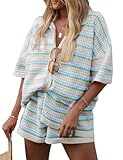 Wyeysyt Womens Striped Pajama Sets Knit Short Sleeve Color Block Crochet Button Tops and Shorts 2 Piece Casual Lounge Set, Blue, Large