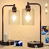 Yarra-Decor Industrial Bedside Table Lamp Set of 2 3-Way Dimmable Lamps for Bedroom Modern USB Nightstand Lamp with Glass Shade Reading Table Lamps for Dorm, Office (LED Bulb Included)