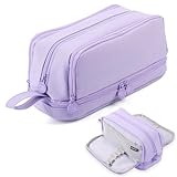 MAMUNU Large Capacity Pencil Case,Big Pen Pencil Pouch 3 Compartments Adult, Expandable Pencil Case with Portable Handle,School Stationery Organizer,Travel Makeup Cosmetic Bag, Purple, Make-Up Pouch