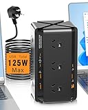 125W Tower Powerboard USB C - 18in1 Power Board Surger Protector, 100W Tower Power Strip Surge Protection, 12-Outlet Powerboard with USB-C&USB-A &1.8M Extention Cord and Switch, 2400W, for Office