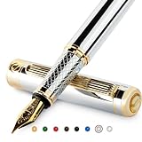 Scriveiner Silver Chrome Fountain Pen - Stunning Luxury Pen with 24K Gold Finish, Schmidt 18K Gilded Nib (Medium), Best Pen Gift Set for Men & Women, Professional, Executive Office, Nice Designer Pens