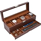 ProCase 6 Slot Watch Box with Drawer, Double-layer Jewelry Organizer Box with Glass Lid, Display Case Storage Box for Men Woman -Espresso