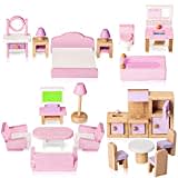 Wooden Dollhouse Furniture Set, 5 Room Kit 22 Piece Miniature Dollhouse Wood Furniture Accessories, Including Kitchen, Dining Room, Living Room, Bedroom, Bathroom for Playhouse Family Figures Play Toy