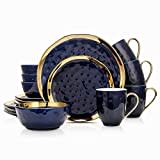 Stone Lain Porcelain 16 Piece Dinnerware Set, Service for 4, Blue and Golden Rim, Dark Blue