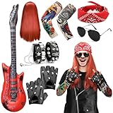 AutoWT 10 PCS 1970s Rockstar Costume Accessories - 70s 80s Metal Rock Band Punk Costume Set with Wig, Bandana, Sunglasses, Tattoo Sleeves, Gloves, Wrist Chains and Guitar, Men Women Rock and Roll