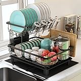 Dish Drying Rack for Kitchen Counter, 2 Tier Dish Racks with Drainboard Set, Detachable Large Dish Drainer with Utensils Holder, Dish Drainer Rack with Extra Drying Mat, Black