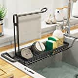 Sponge Holder for Kitchen Sink,Telescopic Sink Storage Rack,Kitchen Organizer Soap Brush Dispenser,Expandable (14.2"-17.3") Sink Caddy Organizer with Dishcloth Towel Holder(304 Stainless Steel Black)