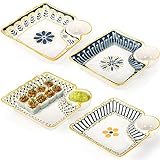 Noamus 4 Pack Dumpling Plate with Dipping Saucer, 7.5" Ceramic Japanese Sushi Platter, Colorful Square Serving Plate with Dish for Home Kitchen, Snack Dessert Salad Fries Fruit Gyoza