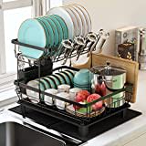 Qienrrae Dish Drying Rack for Kitchen Counter, 2 Tier Dish Racks with Drainboard Set, Detachable Large Dish Drainer with Utensils Holder, Dish Drainer Rack with Extra Drying Mat, Black