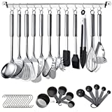 Berglander Kitchen Utensils Set 38 Pieces, Stainless Steel Cooking Utensils Set, Kitchen Gadgets Cookware, Kitchen Tool Set with Utensil Holder Rack and Hooks for Hanging Dishwasher Safe