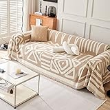 DREAMINGO Reversible Boho Couch Cover for 3 Cushion Couch Sofa Beige Coffee Chenille Sofa Covers for Dogs Universal Sectional Couch Covers L Shape Geometric Sofa Slipcover with Tassel, 71"x150"