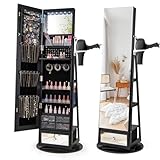 Giantex 360° Swivel Jewelry Cabinet w/Full-Length Mirror, Lockable Jewelry Armoire w/Hair Dryer Rack & Rear Shelves, Freestanding Jewelry Organizer w/LED Lights & Vanity Mirror (Black)