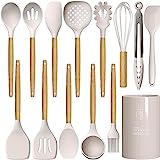 Silicone Cooking Utensils Set - 446°F Heat Resistant Silicone Kitchen Utensils for Cooking,Kitchen Utensil Spatula Set w Wooden Handles and Holder, BPA FREE Gadgets for Non-Stick Cookware (Khaki)