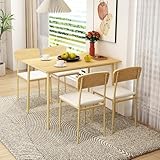 5 Piece Dining Table Set 4 Chairs Rectangular Table Mid-Century Upholstered Seats Kitchen Living Sitting Room Furniture Home Oak