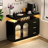 Dystler Sideboard Buffet Cabinet with Storage with 3 Drawers and 2 Doors, 20 Color Lights Console Table with Charging Station, Console Coffee Bar Table for Kitchen, Dining(Black)