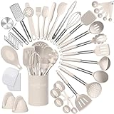 Umite Chef Silicone Kitchen Cooking Utensil Set, 43 pcs Spatula Set with Stainless Steel Handle, Non-Stick Heat Resistant - Best Cookware Set-(Khaki)