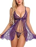 Avidlove Women's Lace Pajamas Floral Babydoll Nightgown G-String Purple