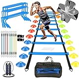 YGORTECH Speed Agility Training Set, Football Training Equipment, Agility Ladder, Resistance Parachute, 20 Disc Cones, Leg Resistance Bands, 4 Adjustable Hurdles, Jumping Rope & Carry Bag (Blue)