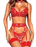 RSLOVE Lingerie Sets for Women 3 Piece Sexy Push Up Exotic Bra and Panty Set with Garter Belt Strappy Sleepwear Red L