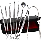 MOTYYA Dental Tools 8pcs, Professional Teeth Hygiene Kit Stainless Steel Dental Pick Cleaning Set,Tongue Scraper,Tooth Scaler,Tweezers,Anti Fog Mouth Mirror for Oral Care