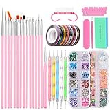 Nail Art Tools Kit, Nail Design Tools with Nail Art Brushes Set, Nail Dotting Tool, Nail Striping Tapes, Rhinestones Crystals Gems Glitters Sequins Decorations, Nail File Block and Nail Dust Brush