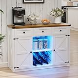 Dystler Sideboard Buffet Cabinet with Storage, Farmhouse Large Kitchen Storage Cabinet w/ 3 Drawers and 2 Doors, Coffee Bar Cabinet w/Light and Charging Station for Kitchen/Living Room, White