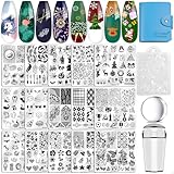 Biutee Nail Stamping Plates Set 15 pcs Nail Art Stamper Scraper Storage Bag Gift Box Nail Stamp Template Kit Lace Flower Butterfly Star Christmas Holiday Sports Design